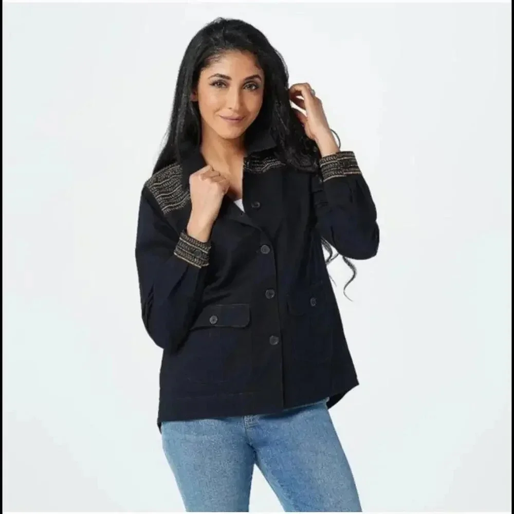 NEW Denim & Co. Cotton Twill Utility Jacket with Embroidery Women's Size XL - Picture 1 of 15